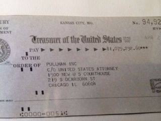 Pullman Incorporated Framed Treasury Check photo