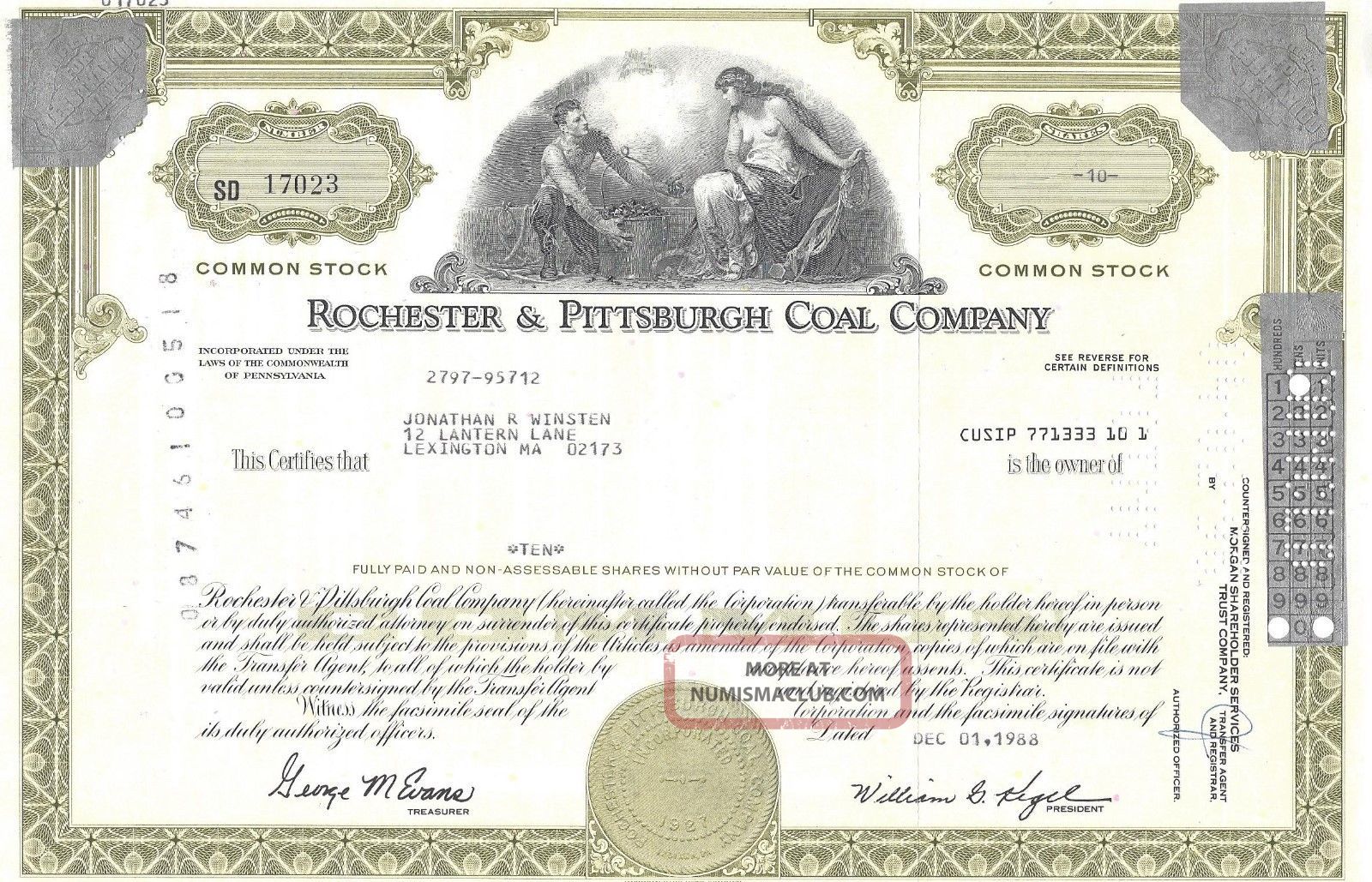 Rochester & Pittsburgh Coal Company. . . . . .  1989 Stock Certificate Stocks & Bonds, Scripophily photo