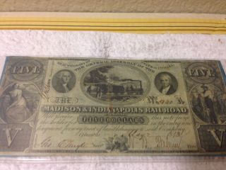 1843 Madison & Indianapolis Railroad $5 Railroad Bond photo