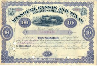 Missouri Kansas & Texas Railway Company Stock Certificate Railroad Katy Purple photo