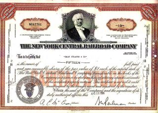 Broker Owned Stock Certificate: Bear Stearns & Co,  Payee; Ny Central Rr,  Issuer photo