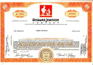 Broker Owned Stock Certificate: Lehman Brothers,  Payee; Howard Johnson,  Issuer photo