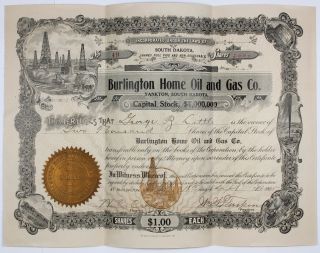 1905 Stock Certificate - Burlington Home Oil & Gas Co Iowa,  S.  Dakota,  Antique 2 photo