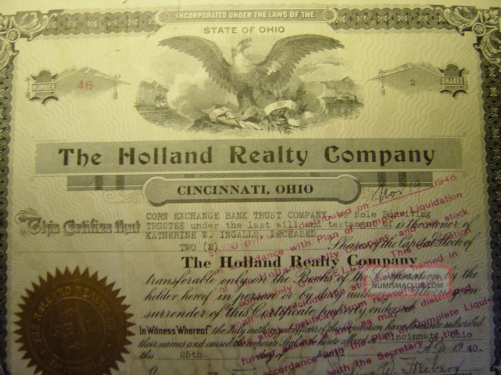 The Holland Realty Company,  Ohio Stocks & Bonds, Scripophily photo