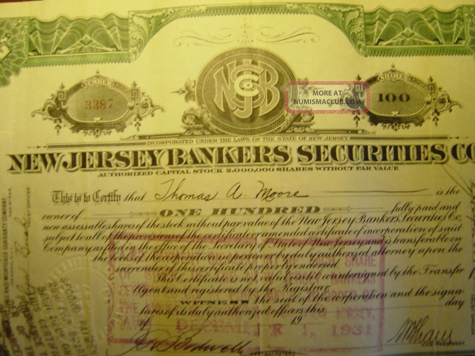 Jersey Bankers Securities Co. Stocks & Bonds, Scripophily photo