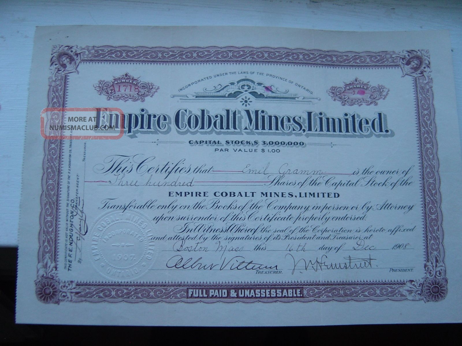 Empire Colbalt Mines,  Limited Stocks & Bonds, Scripophily photo