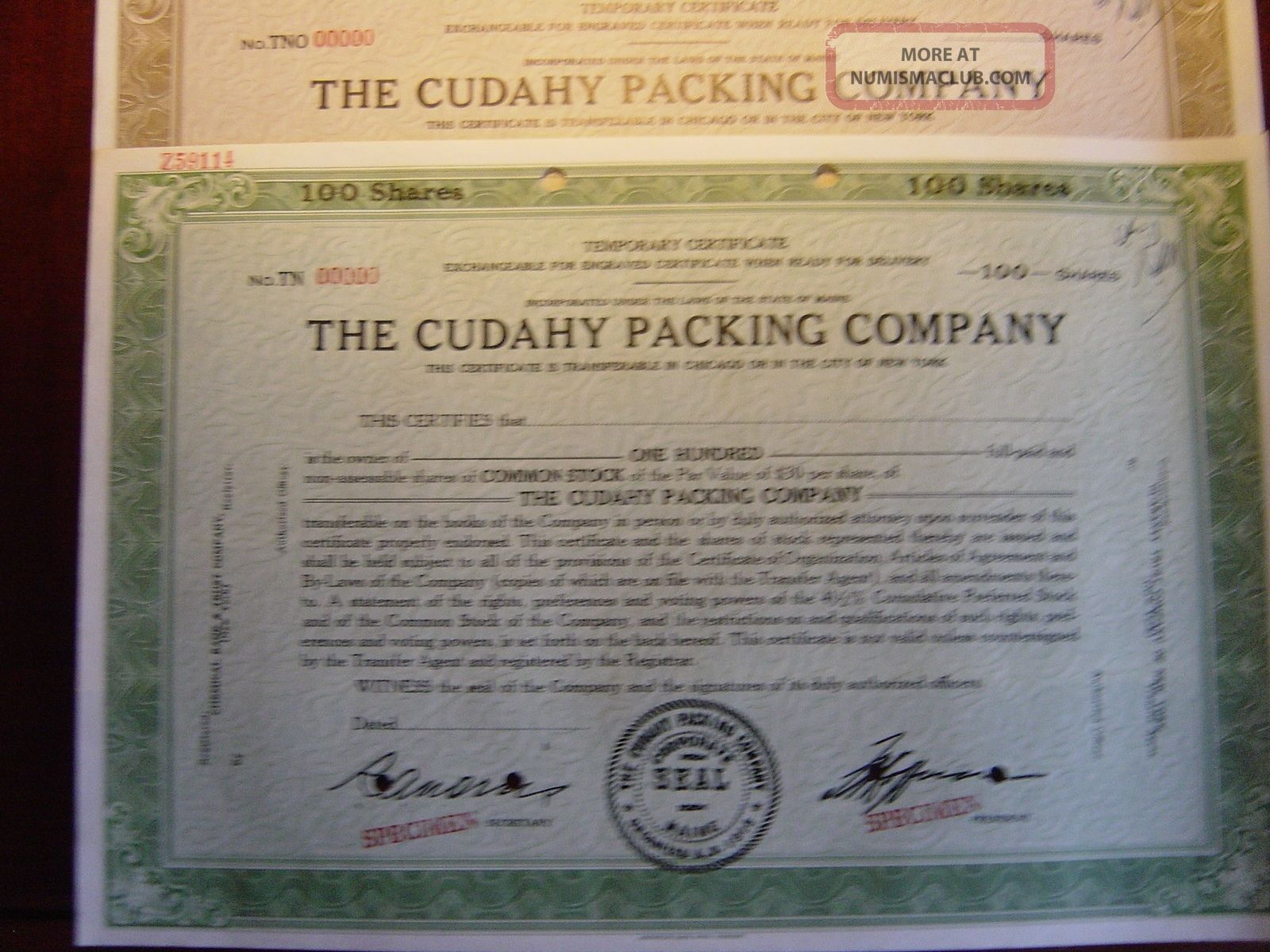 The Cudahy Packing Company,  2 Certificates Stocks & Bonds, Scripophily photo