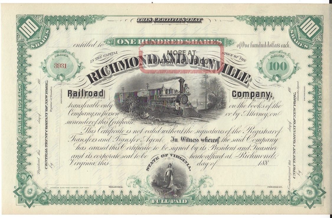 Richmond And Danville Railroad Company. . . .  880 ' S Unissued Stock Certificate Stocks & Bonds, Scripophily photo