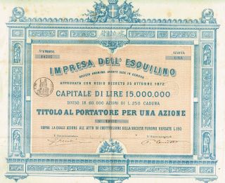 Italy Esquilino Bond Stock Certificate 1872 Genoa W/coupons photo