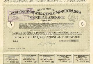 Italy City Of Torino Industry Stock Certificate 1928 5 Sh photo