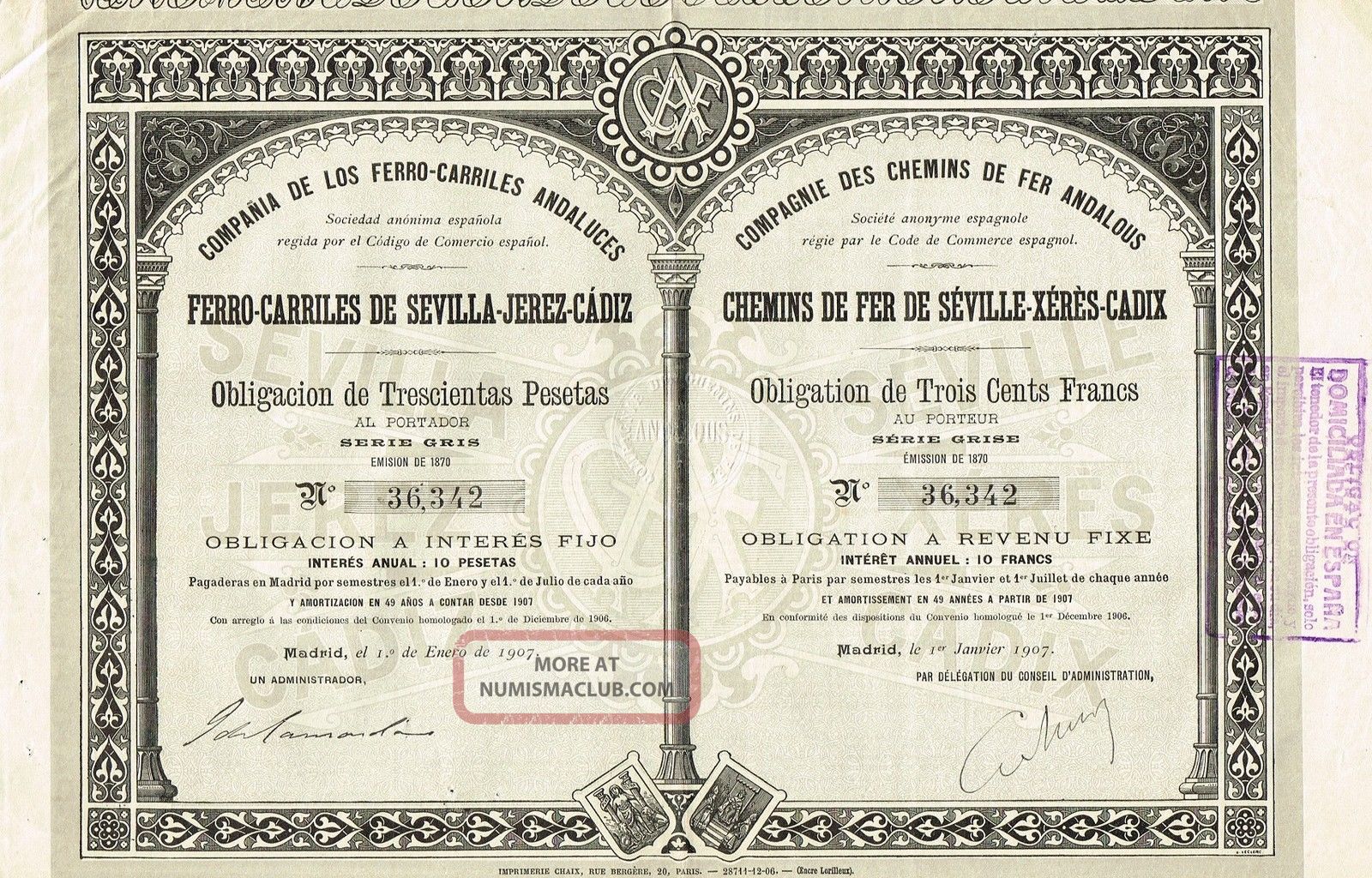 Spain Sevilla - Jerez - Cadiz Railway Company Stock Certificate 1907 W/coupons World photo