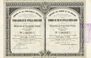 Spain Sevilla - Jerez - Cadiz Railway Company Stock Certificate 1907 W/coupons photo