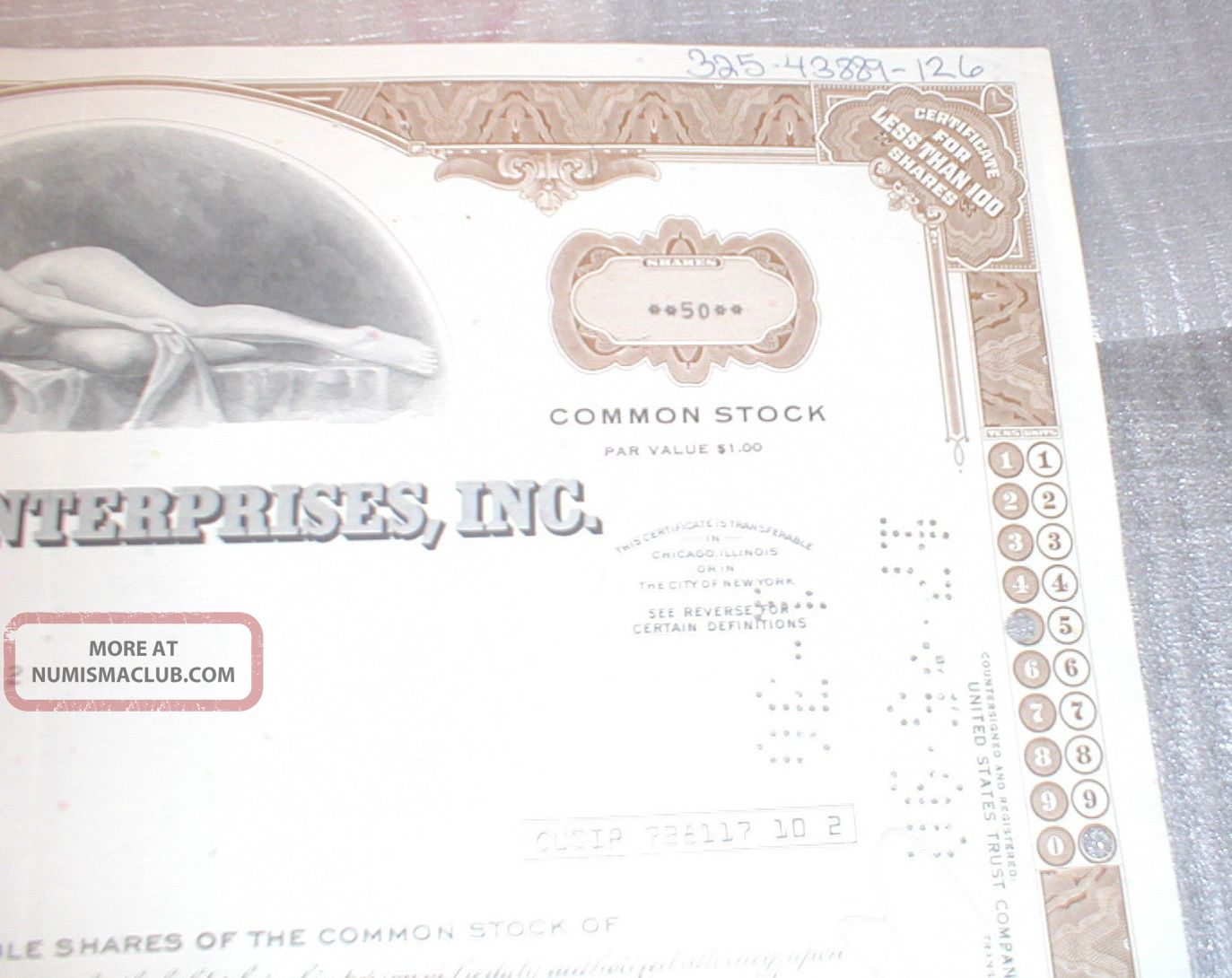 Playboy Stock Certificate Willie Rey 50 Shares 1974 Circulated