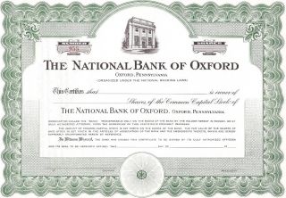 The National Bank Of Oxford (pennsylvania). . . . .  Unissued Stock Certificate photo