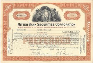 Mitten Bank Securities Corporation. . . . . .  1929 Stock Certificate photo