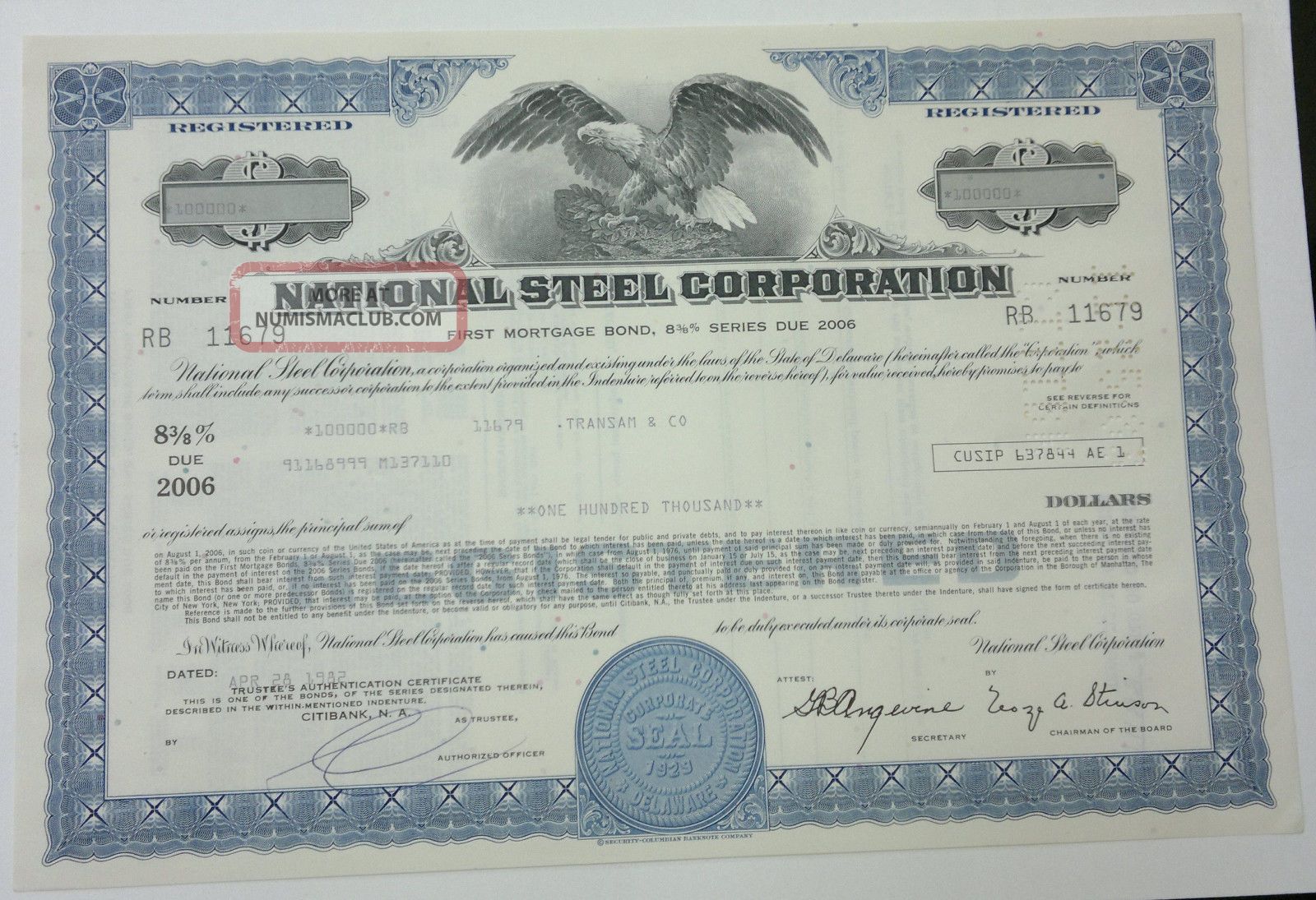 National Steel Corporation 1982 Mortgage Bond $100000 Blue Stocks & Bonds, Scripophily photo