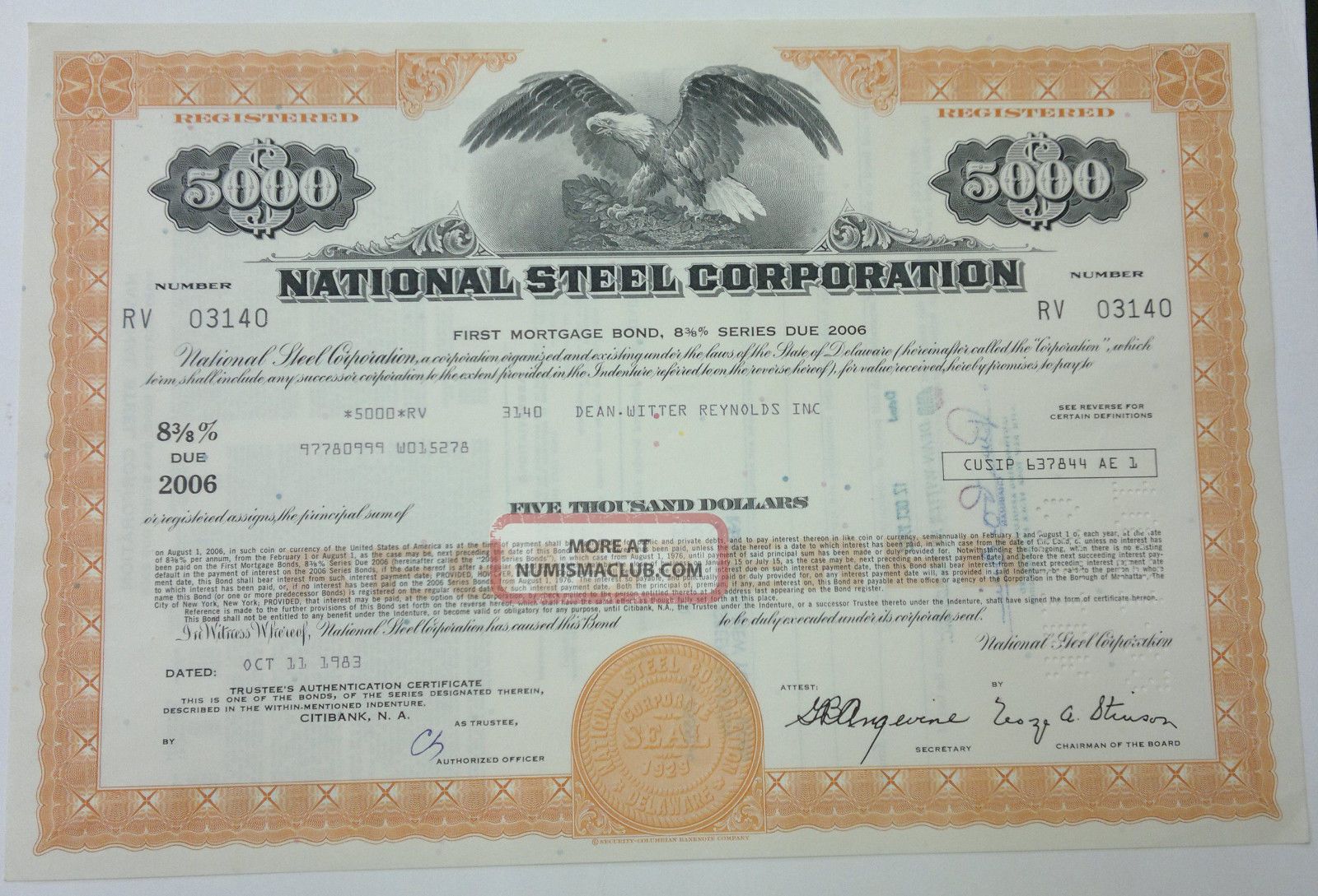 National Steel Corporation 1983 Mortgage Bond $5000 Orange Stocks & Bonds, Scripophily photo