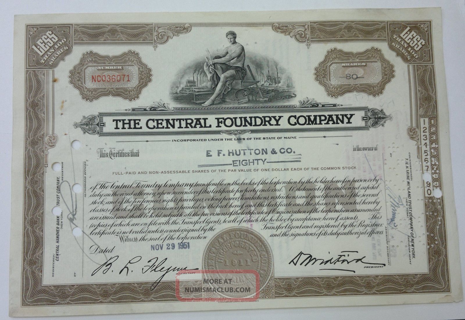 Central Foundry Company 1951 Stock Certificate 80 Shares Stocks & Bonds, Scripophily photo