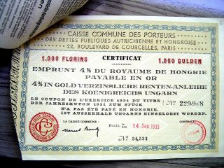 Hungary Hungarian1933 Paris 1000 Gulden French Payable Gold Bond Loan photo
