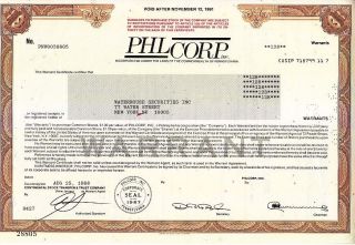 Broker Owned Stock Certificate: Waterhouse Securities,  Payee; Phlcorp,  Issuer photo