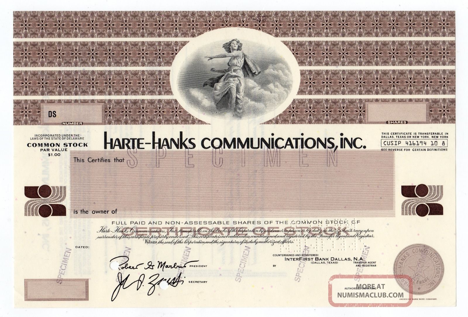 Specimen - Harte - Hanks Newspapers,  Inc.  Stock Certificate Stocks & Bonds, Scripophily photo
