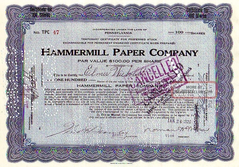 Hammermill Paper Company Pa 1923 Preferred Stock Certificate Stocks & Bonds, Scripophily photo