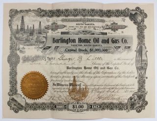 1905 Stock Certificate - Burlington Home Oil & Gas Co Iowa,  S.  Dakota,  Antique 3 photo