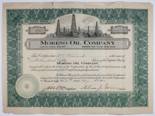 California 1922 Stock Certificate - Moreno Oil Co,  Riverside,  Ca,  Vintage photo