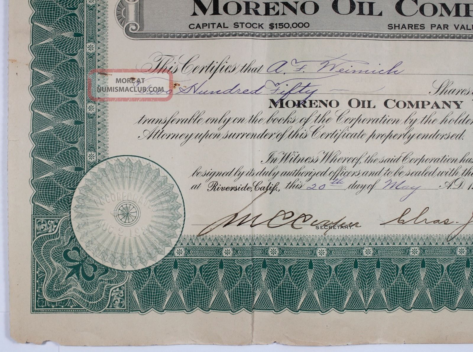 California 1922 Stock Certificate Moreno Oil Co Riverside Ca Vintage