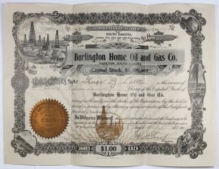 1905 Stock Certificate - Burlington Home Oil & Gas Co Iowa,  S.  Dakota,  Antique 4 photo