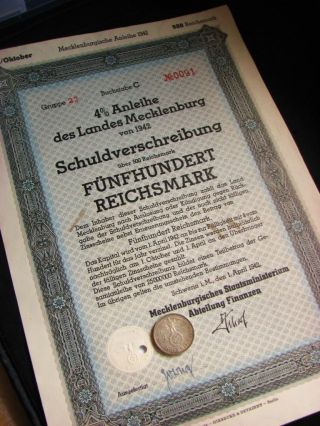 War - Time Municipal Bond Certificate Wwii + Swastika (500 Reichsmark) photo