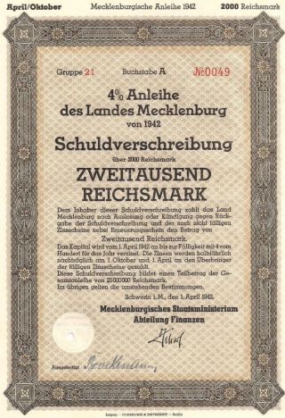War - Time Municipal Bond Certificate Wwii + Swastika (2000 Reichsmark) photo