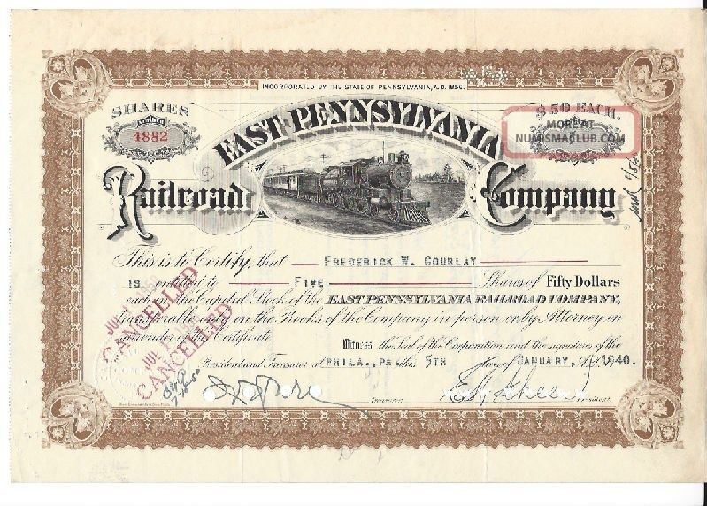 East Pennsylvania Railroad Company. . . . . .  1940 Stock Certificate Stocks & Bonds, Scripophily photo
