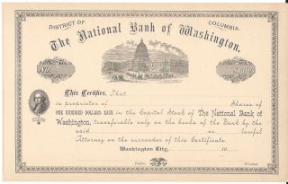 The National Bank Of Washington. . . . . .  Unissued Stock Certificate photo
