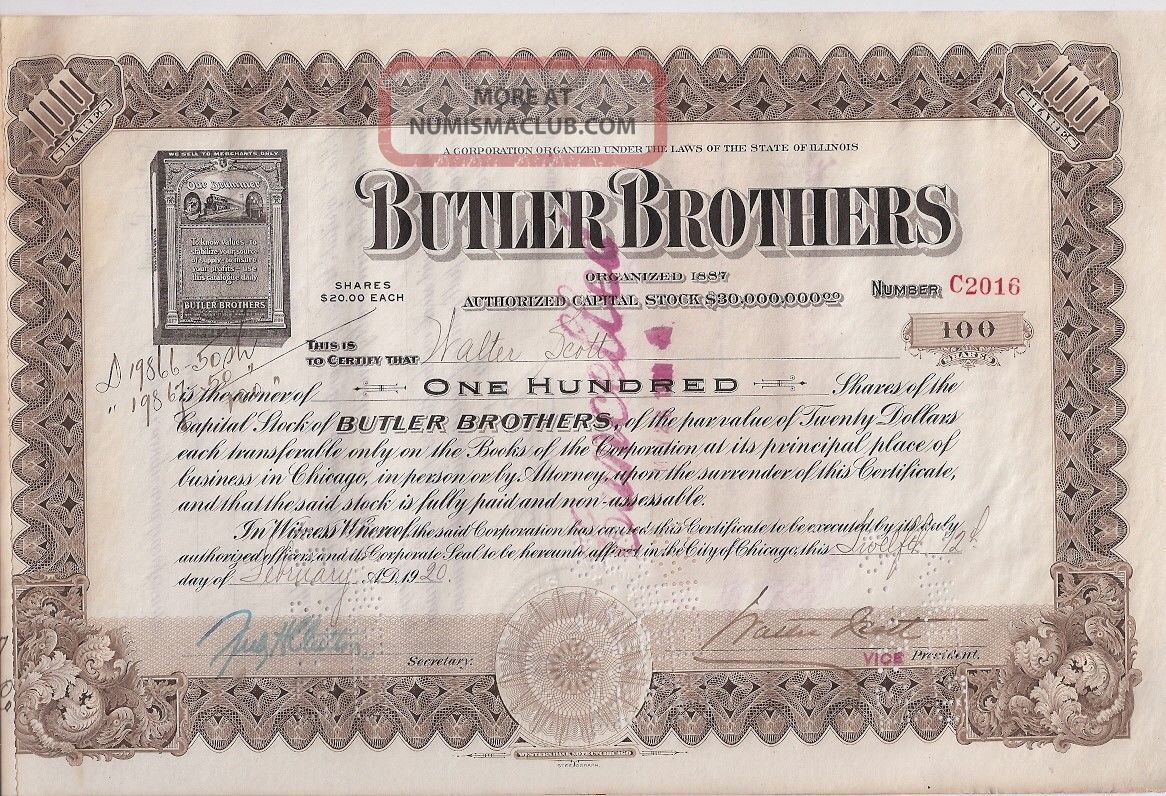 Butler Brothers. . . . . . . . . . . . . . . .  1920 Stock Certificate Stocks & Bonds, Scripophily photo