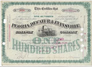 Peoria,  Decatur & Evansville Railway Company. . . .  1883 Stock Certificate photo