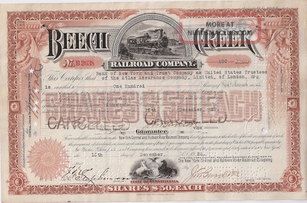 Beech Creek Railroad Company. . . . . .  1928 Stock Certificate Stocks & Bonds, Scripophily photo