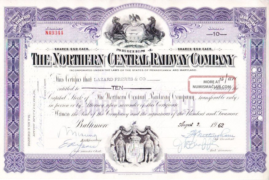 Northern Central Railway Co Pa & Md 1962 Company Stock Certificate Stocks & Bonds, Scripophily photo