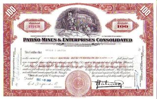 Patino Mines & Enterprises Consolidated 1960 Stock Certificate photo