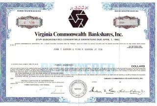 Virginia Commonwealth Bankshares Va 1967 Stock Certificate photo