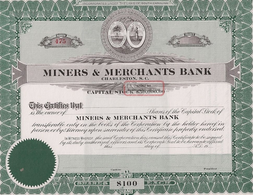 Miners & Merchants Bank (charleston,  Sc). . .  Unissued Stock Certificate Stocks & Bonds, Scripophily photo