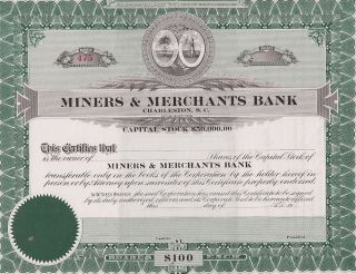 Miners & Merchants Bank (charleston,  Sc). . .  Unissued Stock Certificate photo