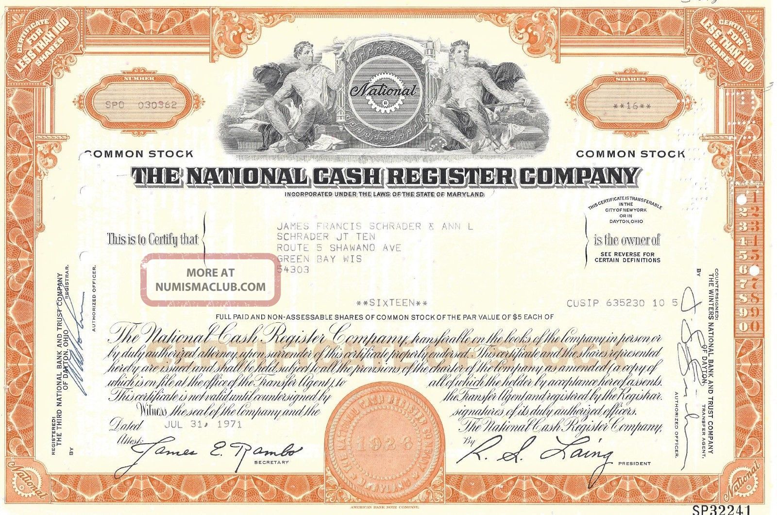 The National Cash Register Company. . . . . .  1974 Stock Certificate Stocks & Bonds, Scripophily photo