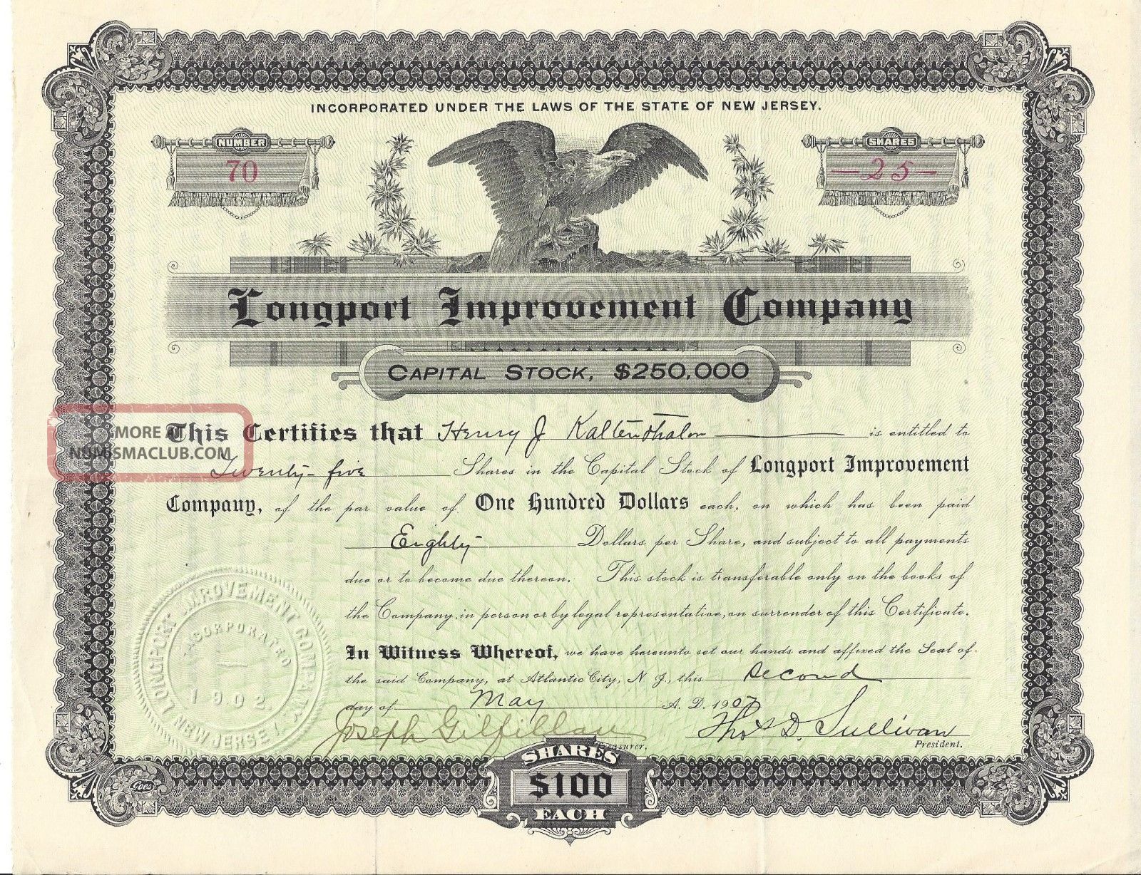 Longport Improvement Company (jersey). . . .  1907 Stock Certificate Stocks & Bonds, Scripophily photo