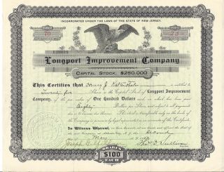 Longport Improvement Company (jersey). . . .  1907 Stock Certificate photo