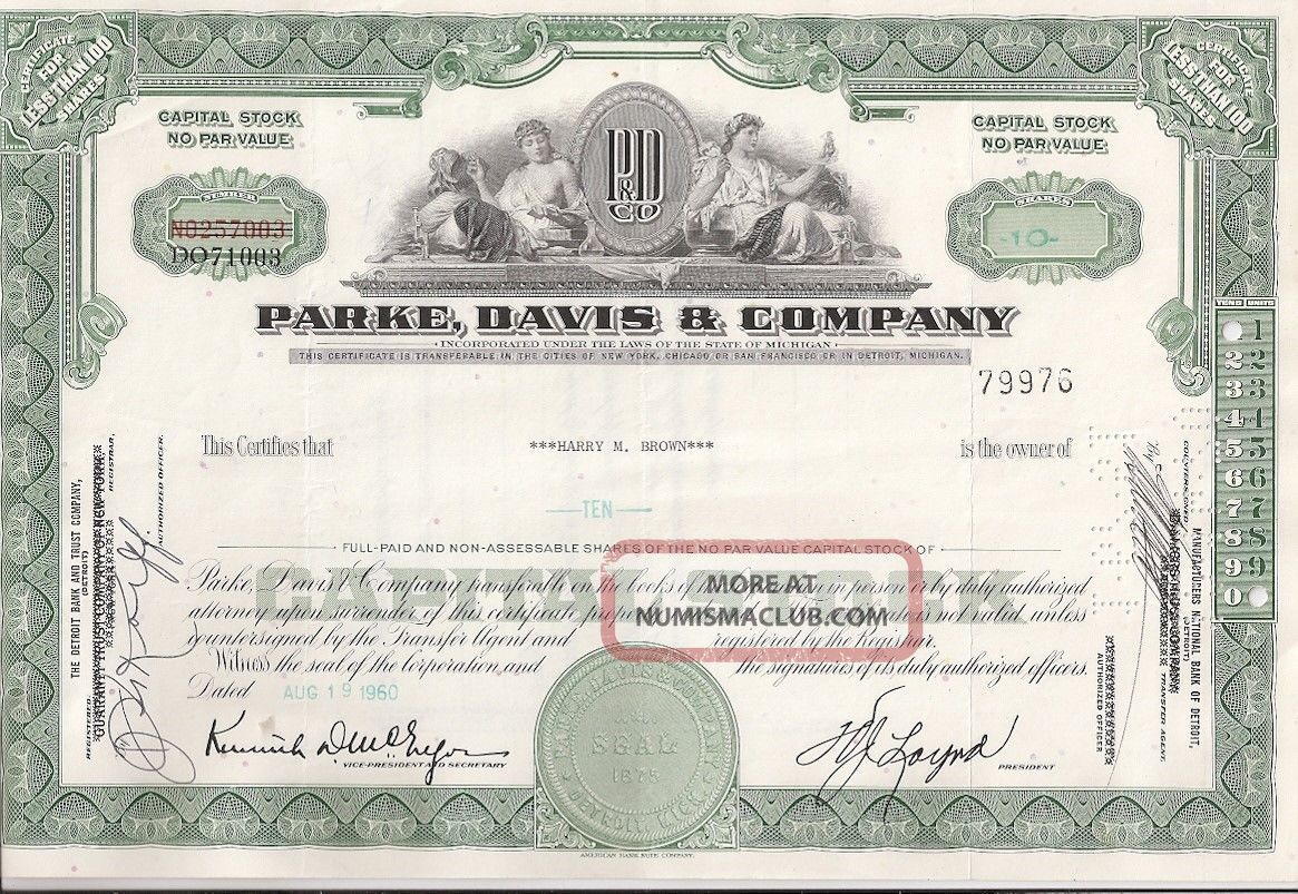 Parke,  Davis & Company. . . . . .  1969 Stock Certificate Stocks & Bonds, Scripophily photo