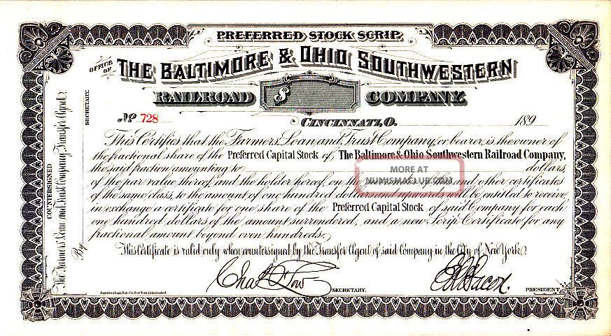 Baltimore And Ohio Southwestern Rr 189 - Preferred Stock Certificate Stocks & Bonds, Scripophily photo