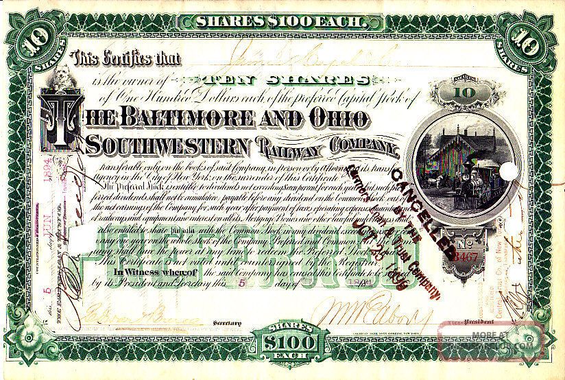 Baltimore And Ohio Southwestern Rr 1894 Preferred Stock Certificate Stocks & Bonds, Scripophily photo