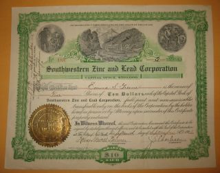 Vintage 1903 Mining Stock Southwestern Zinc And Lead Corporation Miners Candles photo