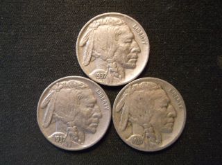 1937 - P,  1937 - D,  & 1937 - S No Acid Date Buffalo Nickels - - - Look photo